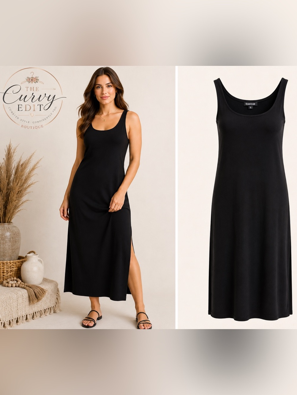 bebe Black XL Sleeveless Scoop Neck Maxi Dress Minimalist Stretch Classic Chic